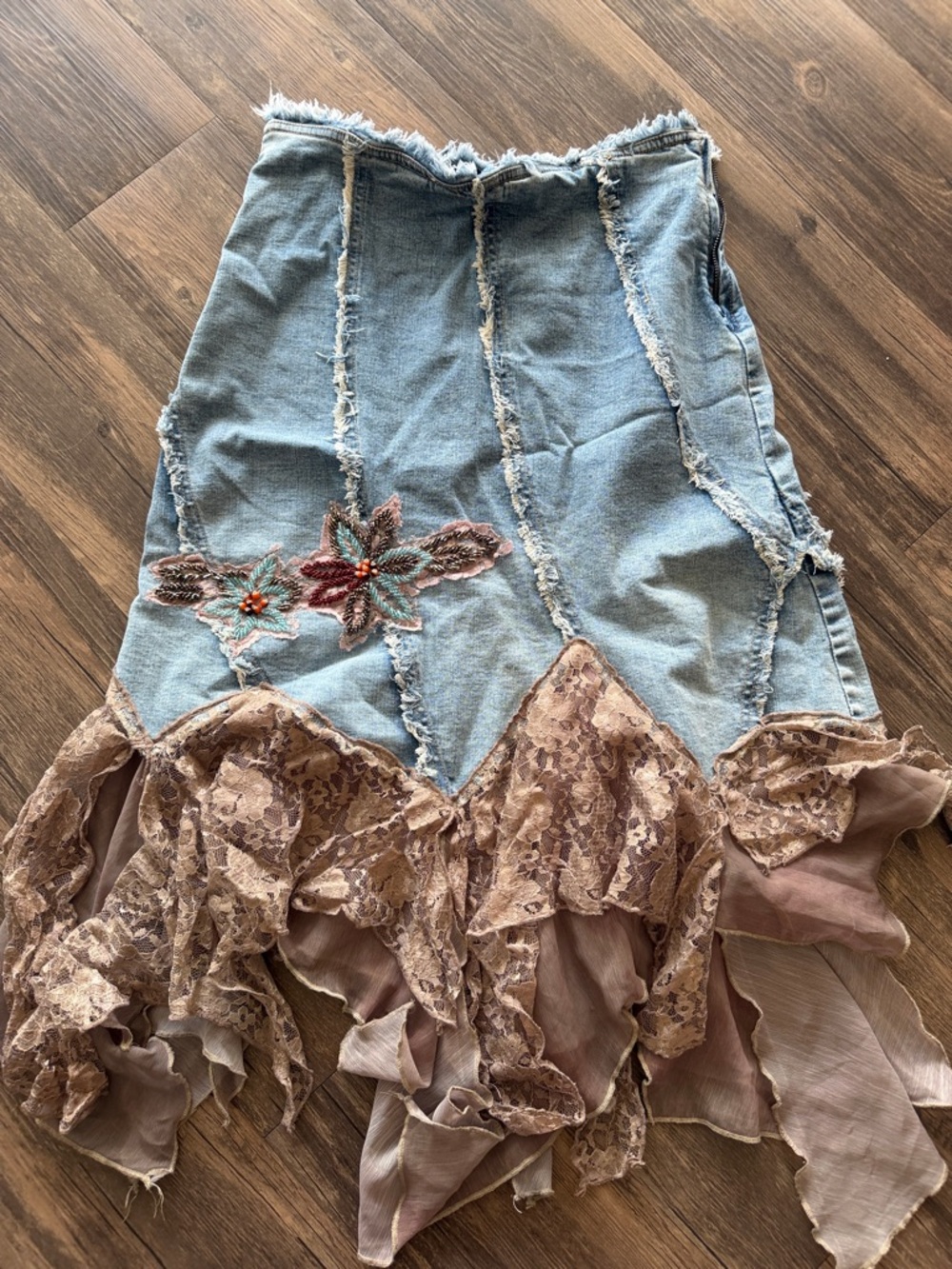 Kimchi Blue Light Blue Denim Skirt with Tan Lace Ruffle